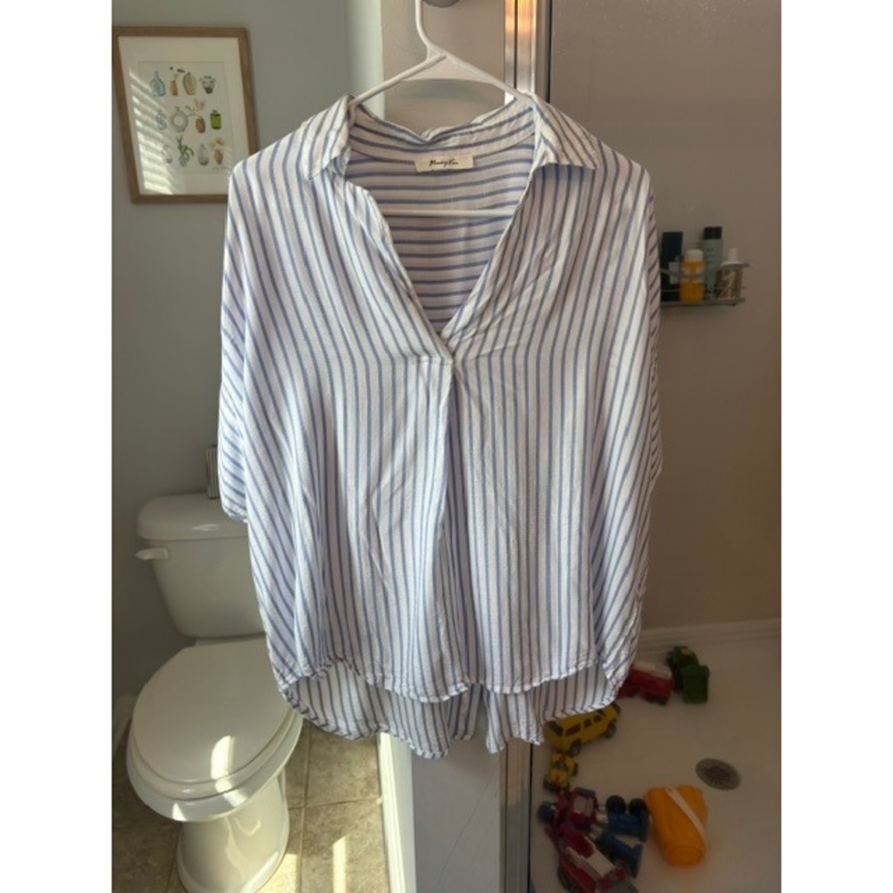 Monday Fun Women's L Blue White Striped Oversized Short Sleeve Popover Blouse